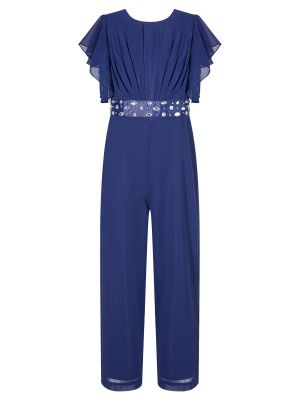 iEFiEL Teen Girls Ruffle Sleeve Ruched Jumpsuit with Shiny Beaded Belt