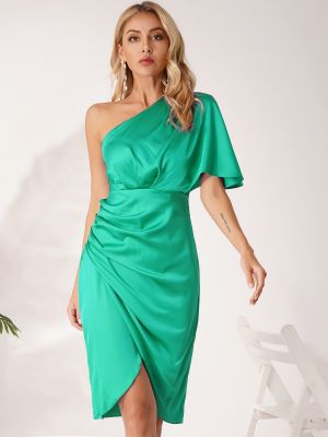 iEFiEL Women Ruched Satin Dress One Shoulder Flared Short Sleeves Midi High Low Hem Cocktail Party Dress