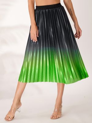 Women's Gradient Metallic Shiny High Elastic Waist Pleated Mid A-Line Swing Skirt Party Long Skirts