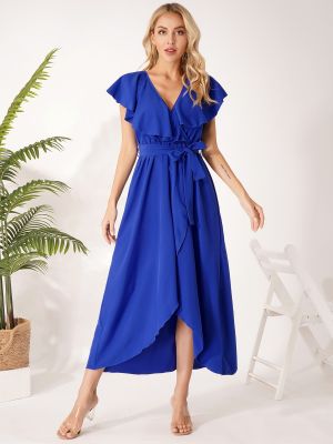 iEFiELWomen's Wrap Maxi Dress Boho Deep V Neck Short Sleeve Ruffle Hem Split Beach Long Dresses