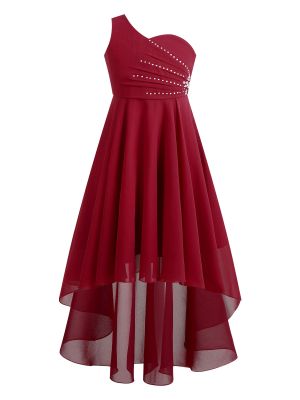 iEFiEL Shiny Beaded One Shoulder High-Low Chiffon Flower Girl Dress