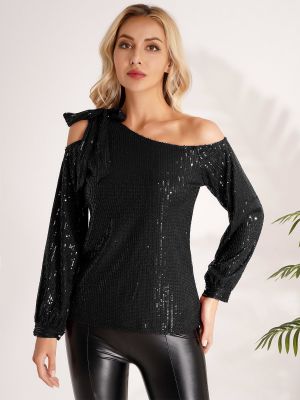 Womens Long Sleeve One Shoulder Sexy Sequin Top Blouse Bowknot Hollow Shirt Clubwear