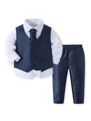 iEFiEL Boys 4-Piece Jacquard Dot Vest Suits Set Long Sleeve Shirts and Pants Outfits Set with Tie