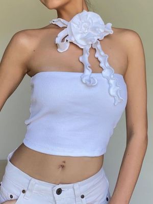 iEFiEL Womens Stretchy Solid Color Crop Top Halter with 3D-Flower Sleeveless Tee Shirt Top Tube Top for Holiday