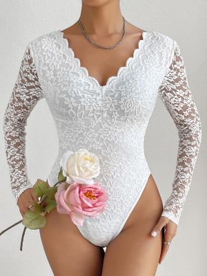 iEFiEL Womens Floral Lace Long Sleeve See Through Bodysuit Snap Crotch Clubwear Sexy Leotard Tops