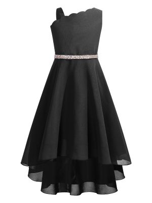 iEFiEL Hi-Low Chiffon Princess Flower Girl Dress with Shiny Belt