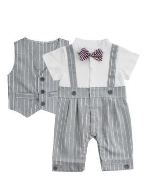 iEFiEL Baby Boy Clothes Toddler Boy Formal Wedding Tuxedo Outfits Striped Gentleman Dress Romper + Vest+ Bow Tie Cotton Suit Set
