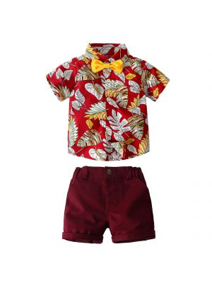IEFIEL Toddler Baby Boy Shorts Sets Hawaiian Outfit Infant Kid Leave Floral Short Sleeve Shirt Top+shorts Suits