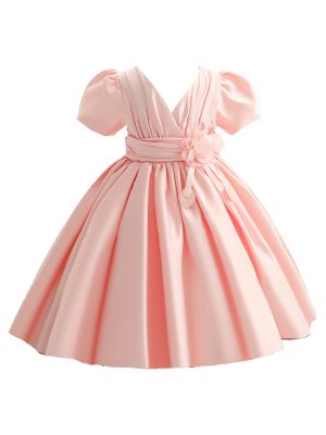 iEFiEL Toddler Girls Adorable 3D Flower Pleated Dress Wrapped V Neck Short Puff Sleeve Tutu Dress Party Dress