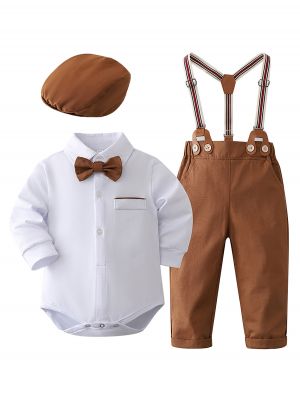iEFiEL Baby Boy Clothes Suits, Gentleman Dress Romper + Beret Hat + Suspender Pants + Bow Tie Outfit Wedding Set 0-24 Months