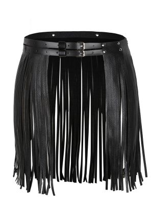Women Sexy Faux Leather Waistband Fringe Tassel Skirt