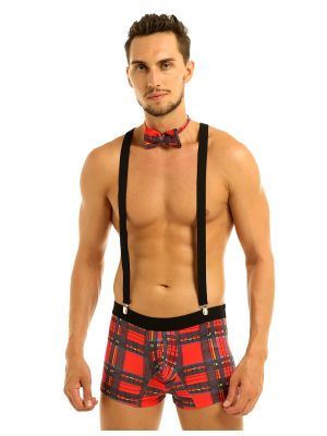 iEFiEL Men's 3 Piece Plaid Tuxedo Role Play Y Back Braces Suspender Lingerie Boxer Briefs with Metal Clips