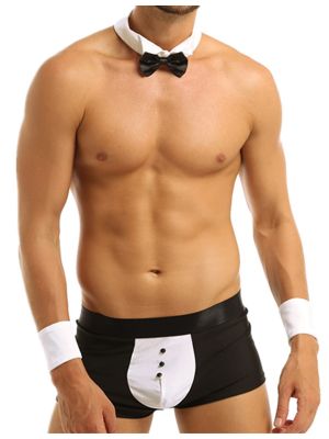 IEFIEL Men'ss Waiter Tuxedo Lingerie Suit Boxer Briefs Underwear with Bow Tie Collar and Bracelets Costumes