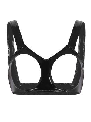 iEFiEL Women's Patent Leather Hollowing Out Wet Look Cupless Bra Crop Top Wire-free Bralette Costume