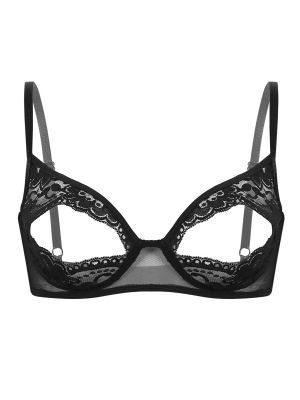 Women's Sexy Sheer Lace Floral Lingerie Nipple Split Wire-Free Unlined Triangle Bralette