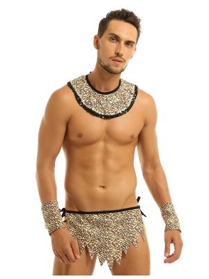 iEFiEL Men's 4 Pieces Leopard Animal Print G-String Thongs Jungle Loincloth Costume Roleplay Underwear
