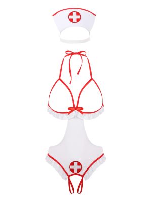 iEFiEL Womens Sexy Open Cups Porno Nurse Cosplay Costumes Crotchless Nurses Bodysuit Uniform Nightwear
