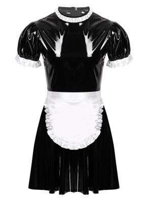 iEFiEL Men's Sissy Cosplay Costumes Maid Outfit Roleplay Crossdresser Servant Uniform Dress with Apron Set