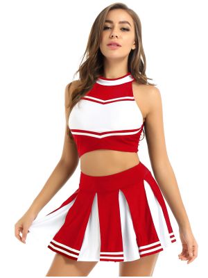 IEFIEL Women Adults Cheerleading Uniform Performance Outfit Sleeveless Crop Top Mini Pleated Skirt Costumes