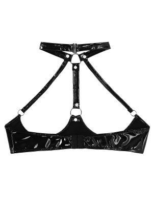 iEFiEL Women's Faux Leather Wet Look Crop Top Halter Neck Bust-Free Bra Short Tank Top Shirt Bikini Top Clubwear
