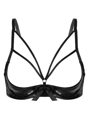 Women Strappy Open Cup Patent Leather Underwired Bra