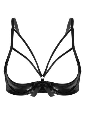 Women Strappy Open Cup Patent Leather Underwired Bra