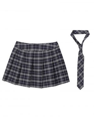 Women Schoolgirls Zipper Plaid Pleated Mini Skirt with Necktie