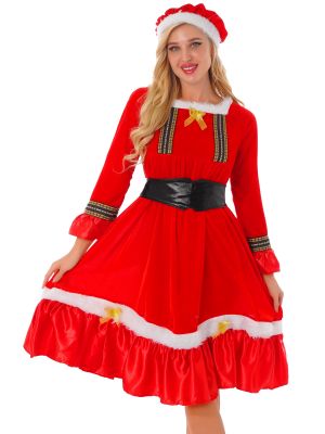 Women Christmas Decor Ruffle Hem Velvet Dress with Belt Hat