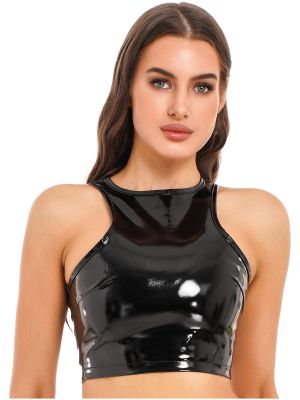 Women Patent Leather Solid Clubwear Crop Tops