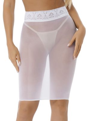 Women's Lace Patchwork Nylon Tight Micro Mini Skirt See Through Mesh Transparent Package Half Slips Skirt