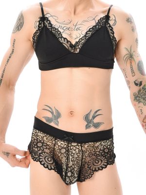 iEFiEL Sissy Men's Two Piece Set Lace Trim Bra Tops with Cheeky Knickers Cross Dresser Nightwear Outfits