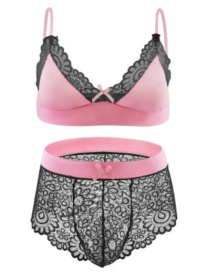Men Sissy 2pcs Floral Lace Bra and Cheeky Knickers Lingerie Set