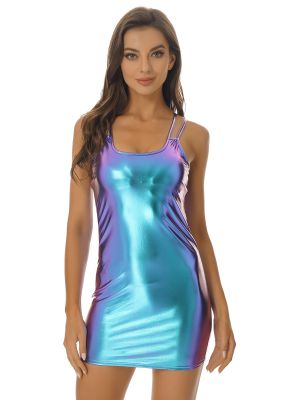 iEFiEL Women's Shiny PVC Leather Bodycon Dress Sleeveless Low Cut Back Mini Dress Party Club Dresses