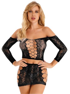 2 Piece Mesh Lingerie Fishnet Crop Top and Skirt Set