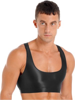 iEFiEL Mens Oily U Neck Crop Tops Sexy Shiny Tops Bodybuilding Gymnastic Muscle Half Tank Tops Underwear