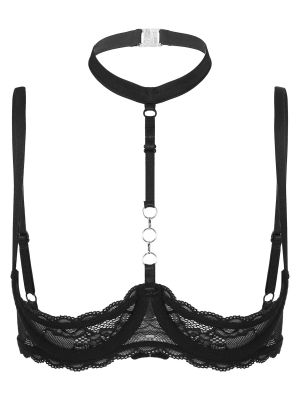 Women's Lace Floral Portrait Open Tip Bra Halterneck Unlined Push-up Bralette