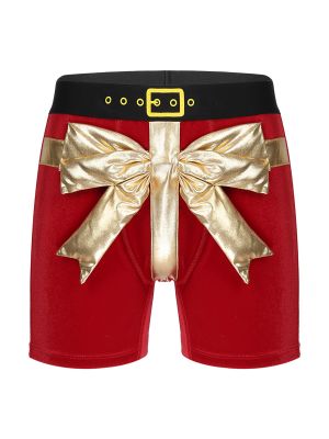 Mens Christmas Bowknot Velvet Boxer Brief Shorts