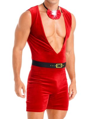 Mens Velvet Jumpsuit with Belt Bowtie Christmas Costumes 
