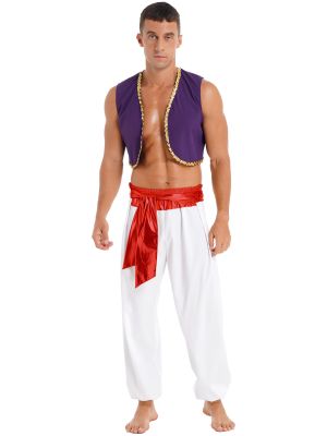 IEFIEL Mens Halloween Theme Party Costume Role Play Stage Performance Outfit Sequin Trim Waistcoat with Belted Pants