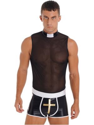 IEFIEL Men's Sexy Priest Costume See Through Mesh Leotard Medieval Monk Cosplay Bodysuits
