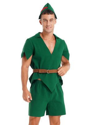 IEFIEL Men's Christmas Pan Elf Cosplay Costume Short Sleeve Felt Tops with Shorts Belt Hat Carnival Theme Party Dress Up