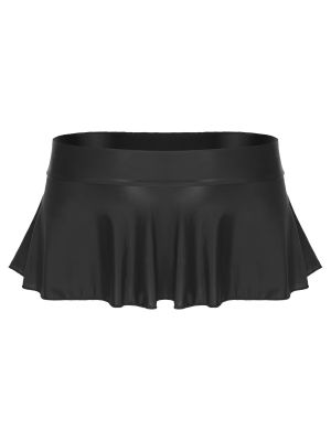 Women Glossy Oil Low Rise Skater Flared Mini Skirt