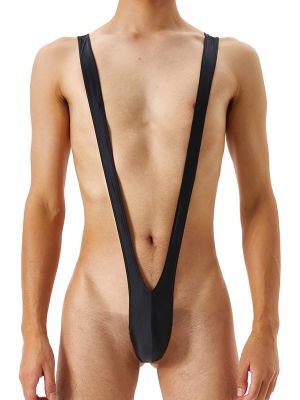IEFIEL Mens 30D Oil Glossy Mankini Swimsuit One Piece Swimwear Guys V-style Lingerie Underwear Leotard 