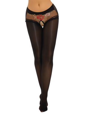 Womens Flower Embroidery Sheer Crotchless Pantyhose 