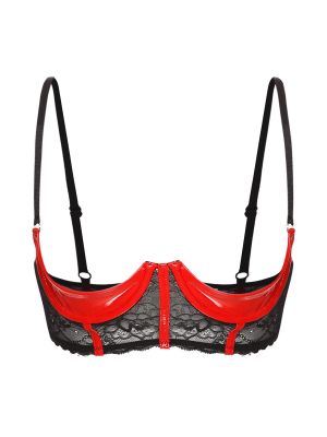 iEFiEL Womens Patent Leather 1/4 Quarter Cup Exposed Breasts Underwired Shelf Bra Underwire Brassiere 