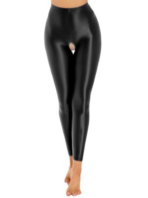 iEFiEL Women's 30D Oil Hollow Out Crotch High Waisted Opaque Nylon Tights Sports Yoga Pants Training Leggings