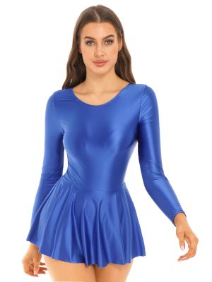 Women's Glossy Long Sleeve Scoop Neck Pleated A-line Dress