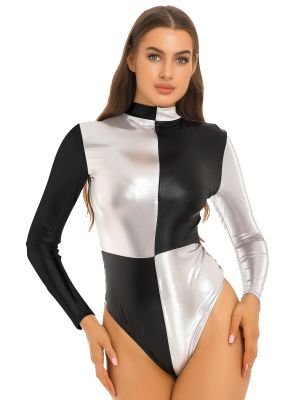 iEFiEL Womens Shiny Dance Leotard Gymnastics Bodysuit Long Sleeve Patchwork Figure Skating Jumpsuit