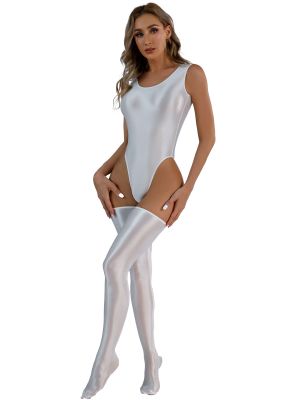 iEFiEL Womens 3 Pieces Set Glossy Bodysuit High Cut Sleeveless Leotard Swimsuit with Stockings Set Teddy