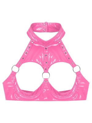 Women Sexy Hollow Out Cupless Bra Top Wetlook Leather Shelf Underwired Caged Crop Tops Clubwear